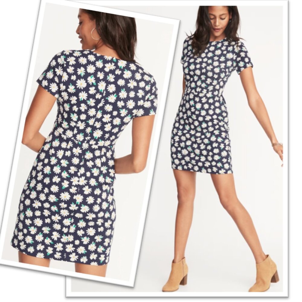 Old Navy Printed Ponte-Knit Sheath Dress - Navy Daisy Print, Size XS - Picture 16 of 16